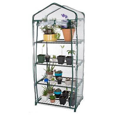 Four-Tier Portable Greenhouse with PVC Cover and Mesh Shelves, 63 inches H, Transparent and Black