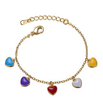 Kids' 14k Gold Plated Multi-Color Enameled Heart Charm Bracelet