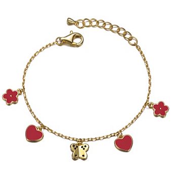 Kids' 14k Gold Plated Red Enameled Dangle Charm Bracelet