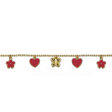 Kids' 14k Gold Plated Red Enameled Dangle Charm Bracelet