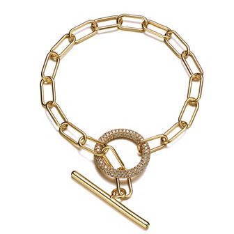 14k Gold Plated Cubic Zirconia Oversized Toggle Clasp Elongated Oval Cable Link Bracelet