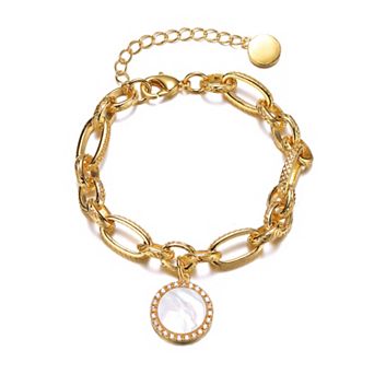 14k Gold Plated Cubic Zirconia Medallion Charm Chain Bracelet