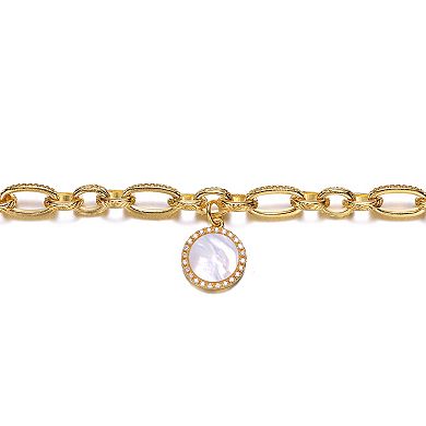 14k Gold Plated Cubic Zirconia Medallion Charm Chain Bracelet