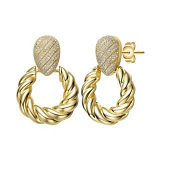 14k Yellow Gold Plated Cubic Zirconia Pave Twisted Rope Doorknocker Drop Earrings