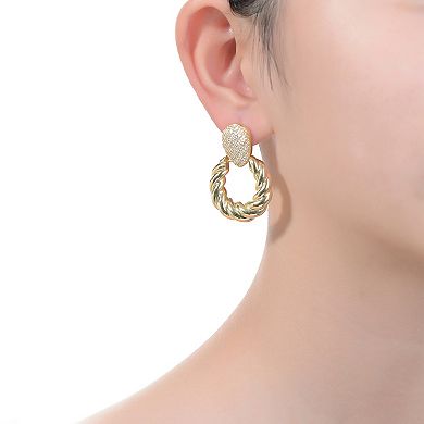 14k Yellow Gold Plated Cubic Zirconia Pave Twisted Rope Doorknocker Drop Earrings