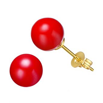 Kids' 14k Gold Plated Red Enamel Bead Stud Earrings
