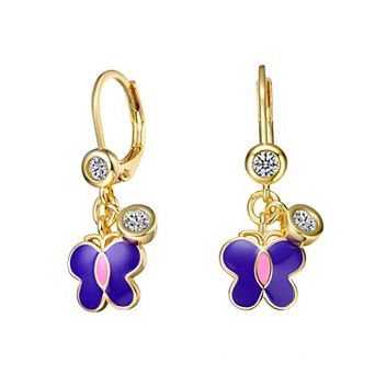 Kids' 14k Gold Plated Cubic Zirconia Enameled Butterfly Drop Earrings