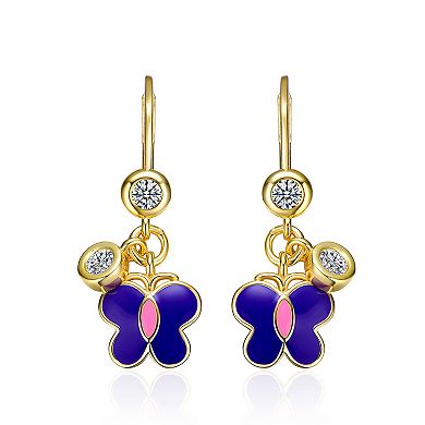 Kids' 14k Gold Plated Cubic Zirconia Enameled Butterfly Drop Earrings