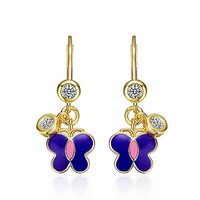 Kids' 14k Gold Plated Cubic Zirconia Enameled Butterfly Drop Earrings