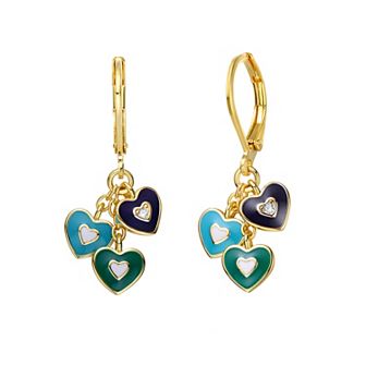 Kids' 14k Gold Plated Cubic Zirconia Enameled Heart Drop Earrings