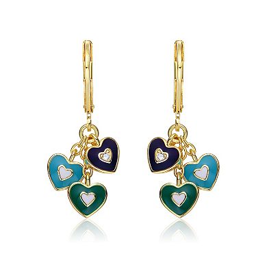 Kids' 14k Gold Plated Cubic Zirconia Enameled Heart Drop Earrings