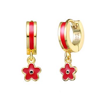 Kids' 14k Gold Plated Red Enameled Flower Drop Hoop Earrings