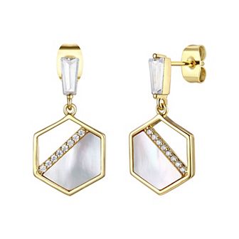 14k Gold Plated Mother of Pearl & Cubic Zirconia Hexagon Drop Earrings