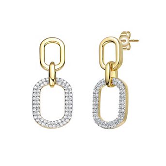 14k Gold Plated Cubic Zirconia Geometric Double Link Drop Earrings
