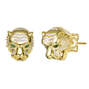 14k Gold Plated Green Cubic Zirconia White Enamel Tiger Head Stud Earrings