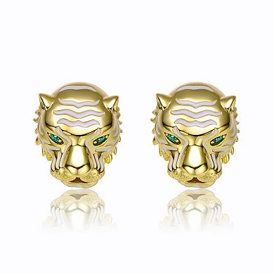14k Gold Plated Green Cubic Zirconia White Enamel Tiger Head Stud Earrings