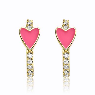 14k Gold Plated Cubic Zirconia Red Enamel Heart Hoop Earrings