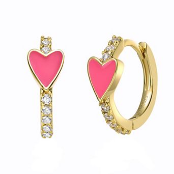 14k Gold Plated Cubic Zirconia Red Enamel Heart Hoop Earrings