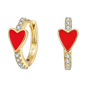 14k Gold Plated Cubic Zirconia Red Enamel Heart Hoop Earrings