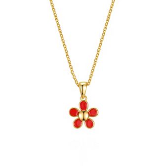 14k Gold Plated Red Enamel Flower Layering Pendant Necklace