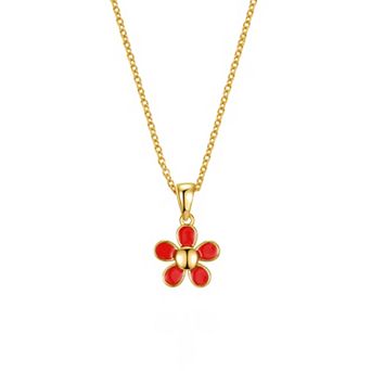 14k Gold Plated Red Enamel Flower Layering Pendant Necklace