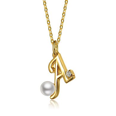 14k Gold Plated Simulated Pearl Initial Pendant Necklace