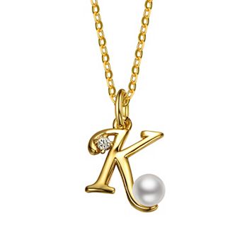 14k Gold Plated Simulated Pearl Initial Pendant Necklace