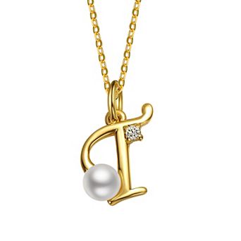 14k Gold Plated Simulated Pearl Initial Pendant Necklace