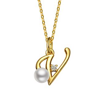 14k Gold Plated Simulated Pearl Initial Pendant Necklace