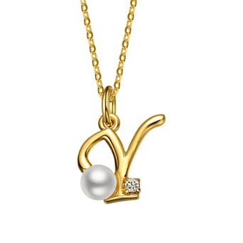 14k Gold Plated Simulated Pearl Initial Pendant Necklace