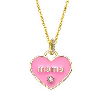 14k Gold Plated Cubic Zirconia "Mama" Pink Enamel Heart Layering Pendant Necklace