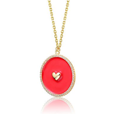 14k Gold Plated Cubic Zirconia Enameled Heart Medallion Pendant Necklace