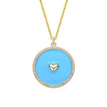 14k Gold Plated Cubic Zirconia Enameled Heart Medallion Pendant Necklace