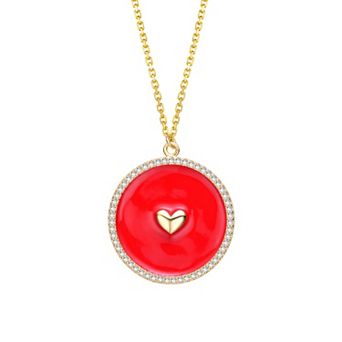 14k Gold Plated Cubic Zirconia Enameled Heart Medallion Pendant Necklace