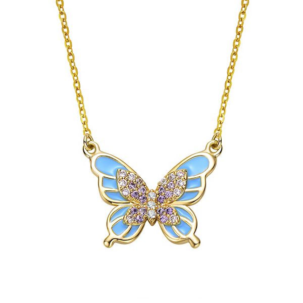 14k Gold Plated Blue & Clear Cubic Zirconia Blue Enamel Butterfly Necklace