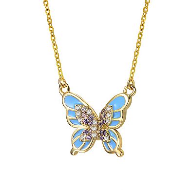 14k Gold Plated Blue & Clear Cubic Zirconia Blue Enamel Butterfly Necklace