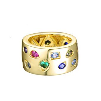 14k Gold Plated Multi-Colored Cubic Zirconia Wide Band Ring