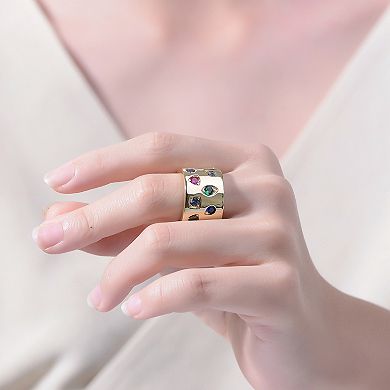 14k Gold Plated Multi-Colored Cubic Zirconia Wide Band Ring