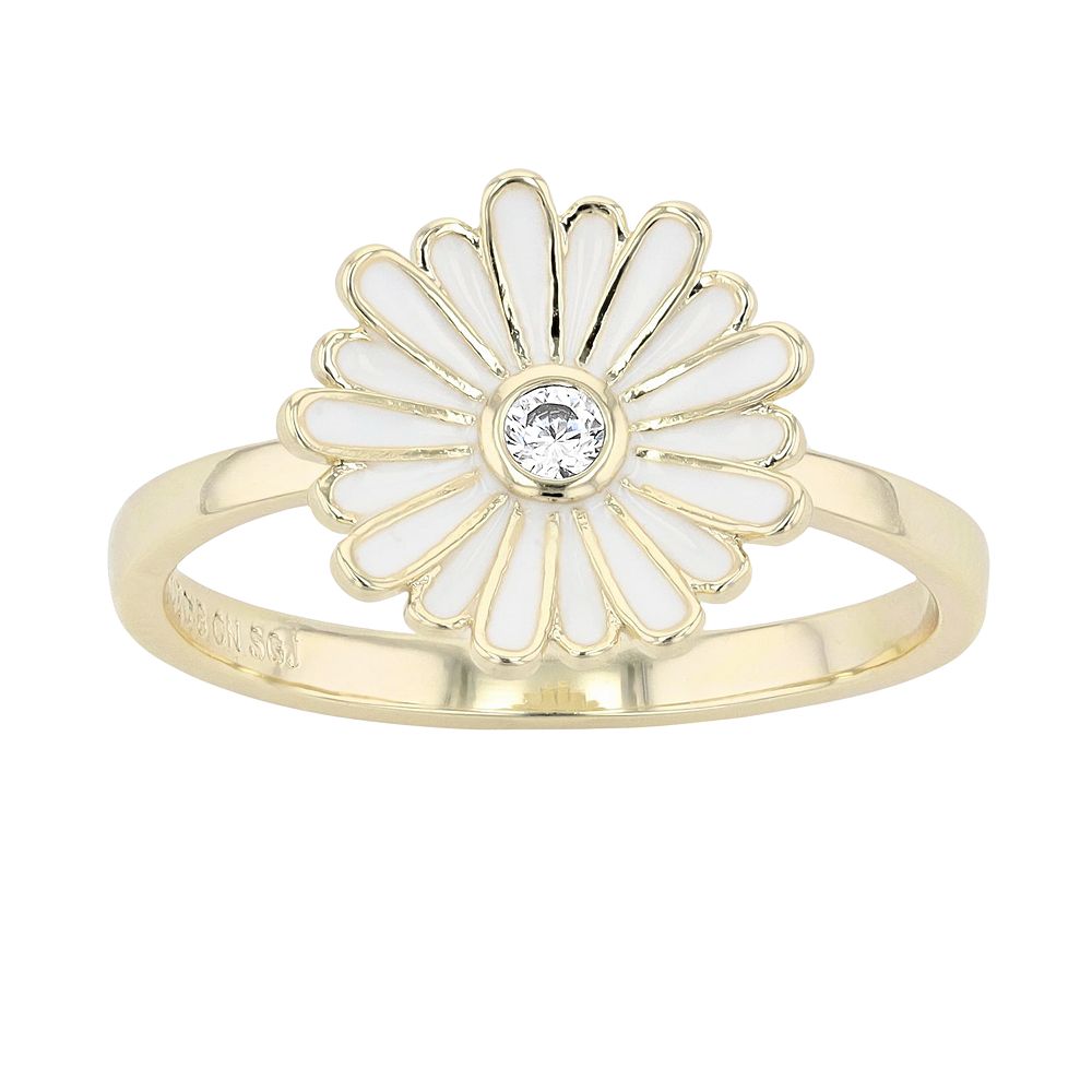 14k Yellow Gold Plated Cubic Zirconia White Enamel Daisy Flower Ring