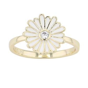 14k Yellow Gold Plated Cubic Zirconia White Enamel Daisy Flower Ring