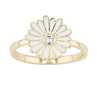 14k Yellow Gold Plated Cubic Zirconia White Enamel Daisy Flower Ring