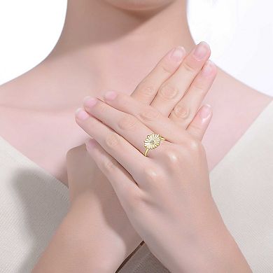 14k Yellow Gold Plated Cubic Zirconia White Enamel Daisy Flower Ring