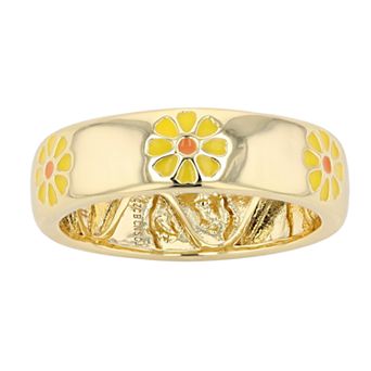 Gold Tone Yellow & Orange Enamel Daisy Stacking Band Ring