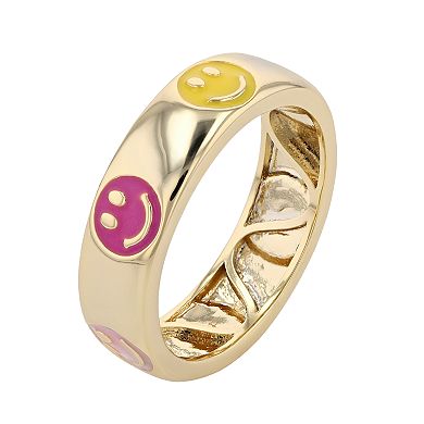 Gold Tone Yellow & Pink Emoji Smiling Face Stacking Band Ring