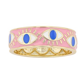 Gold Tone Pink Enamel Evil Eye Band Ring