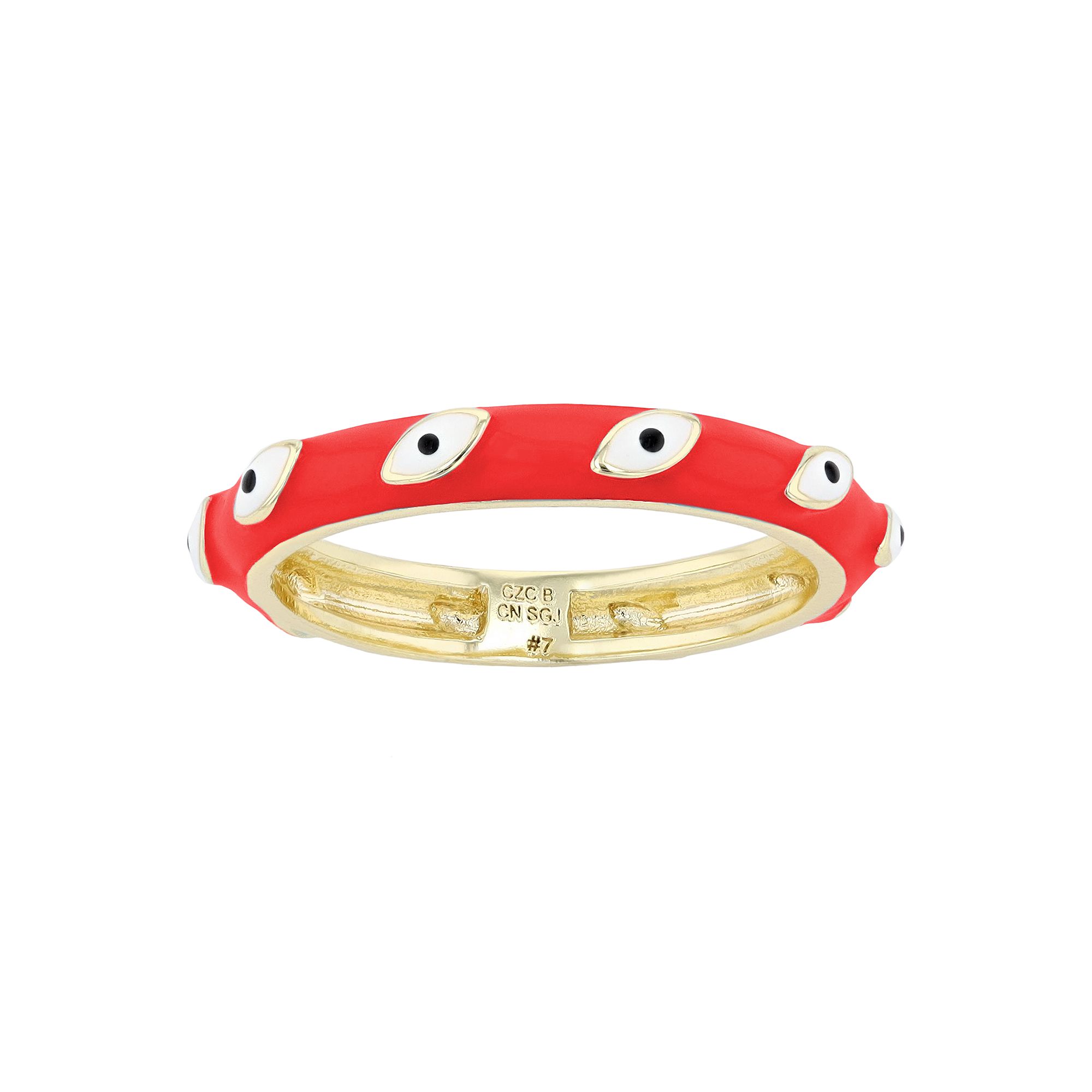14k Yellow Gold Plated White Evil Eye Enamel Slim Band Ring, Womens, Size: