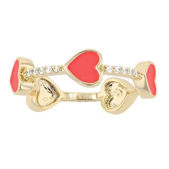 Gold Tone Cubic Zirconia Pink Enamel Heart Stacking Ring