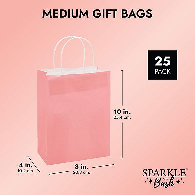 25 Pack Medium Paper Gift Bags With Handle For Birthday Party (8 X 10", Pink)