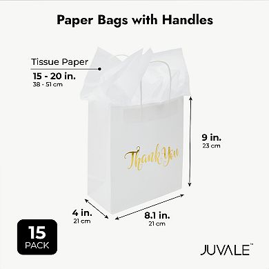 15 Pack Medium White Thank You Paper Bags With Handles, Tissue Paper, 8x4x8.8 In