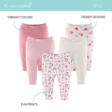 The Peanutshell Baby Girl Pants, 5-pack, Rainbow Safari